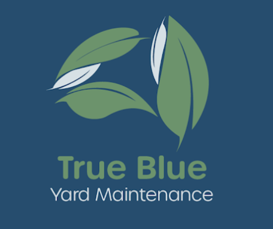 True Blue Yard Maintenance logo: five leaves in a circle on navy